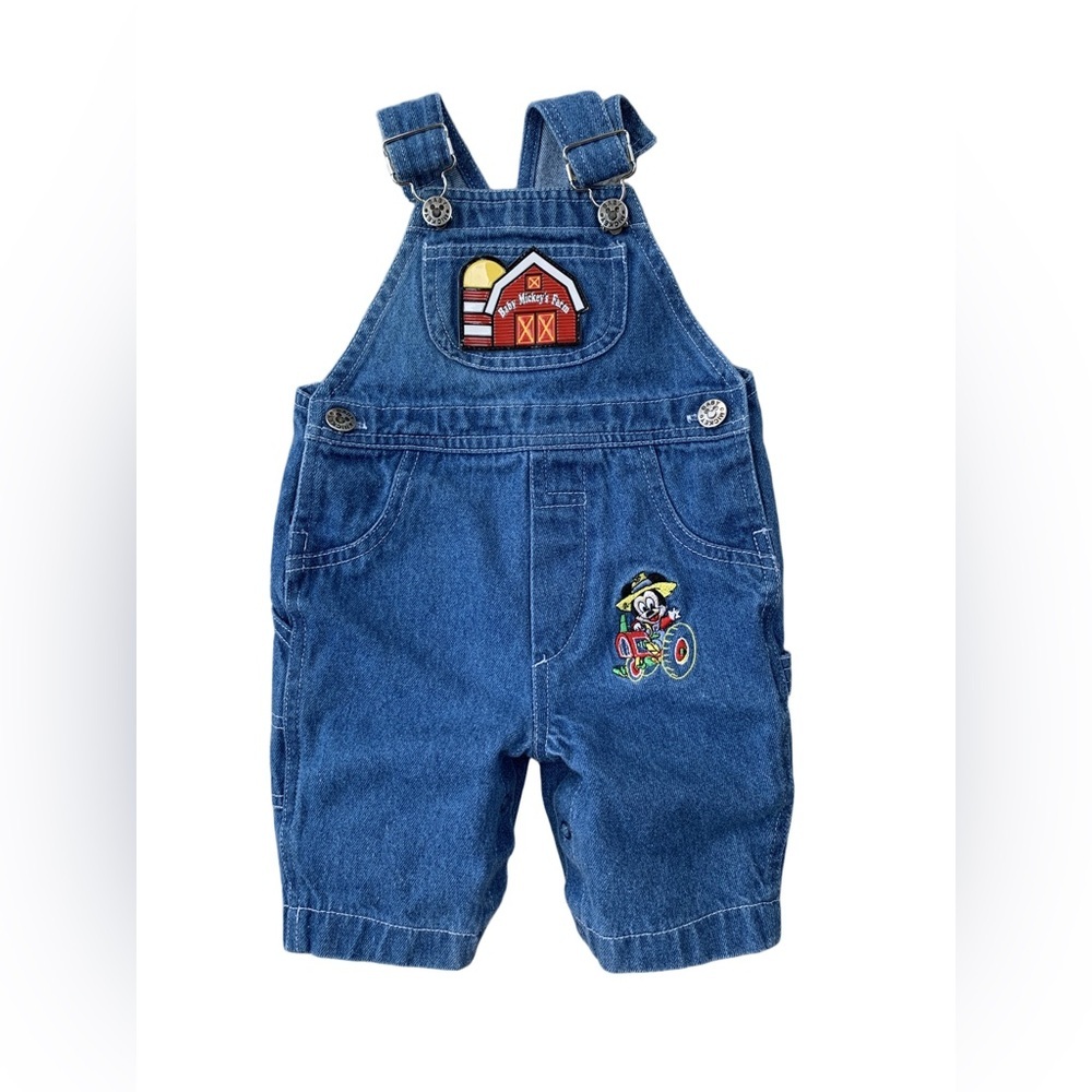 Vintage Walt Disney Size 0-6 Months Baby Mickey Mouse Farm Embroidered Overalls